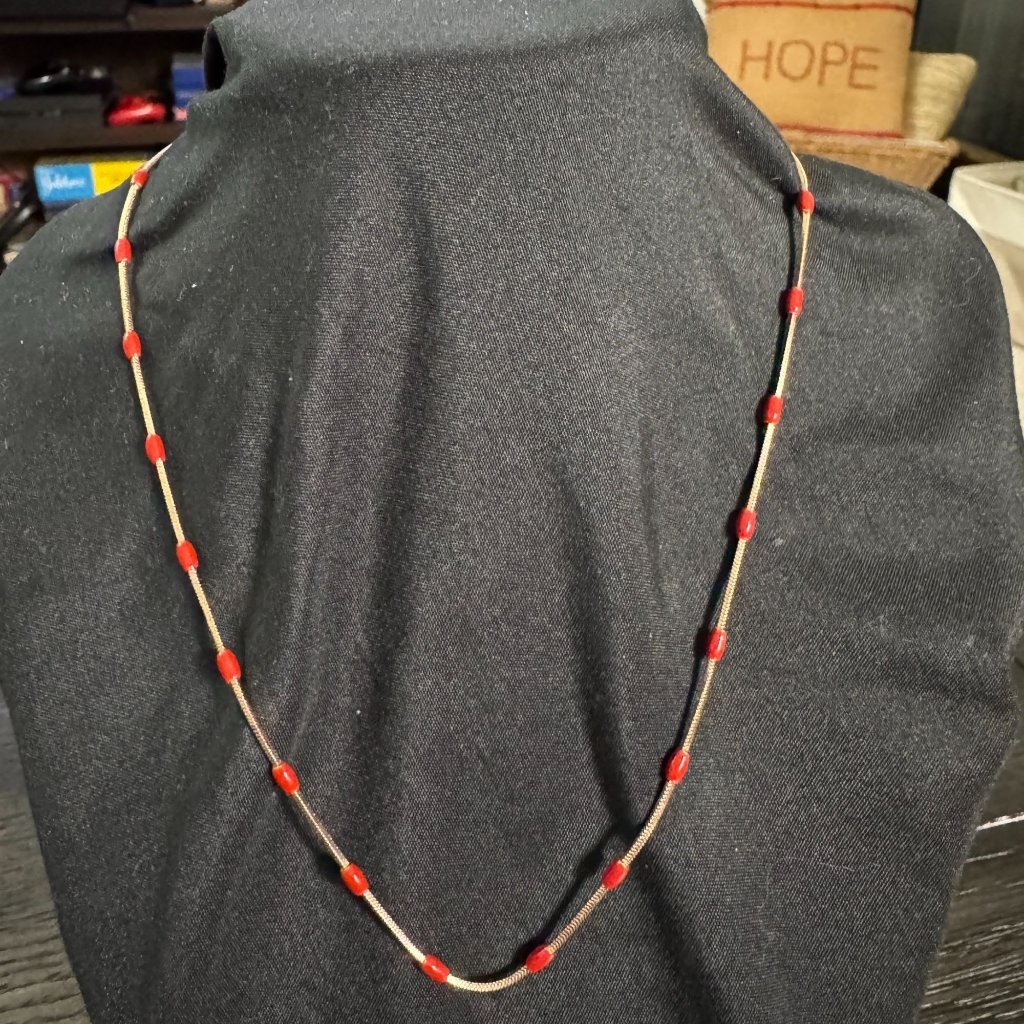 Vintage GoldTone Cable Chain Necklace W Red Beads  Lobster Clasp Closure 16
